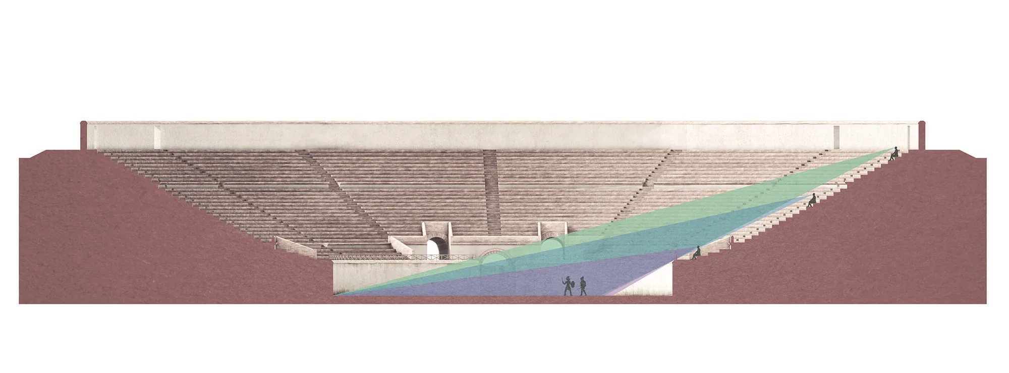 Augusta Raurica, infotafel, 3d-visualisierung amphitheater, querschnitt, ikonaut