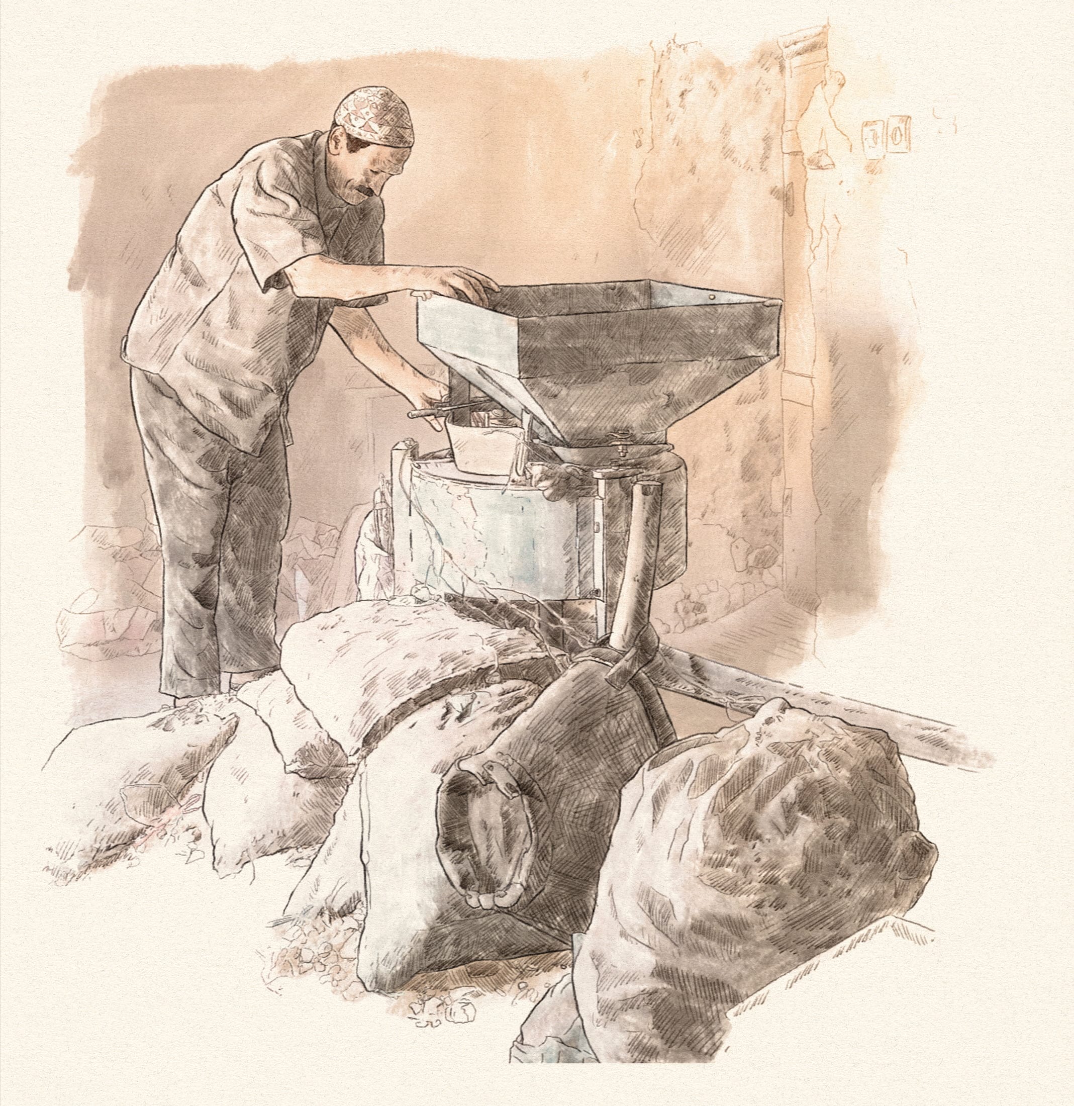 salzabbau, mahlen, illustration, ikonaut